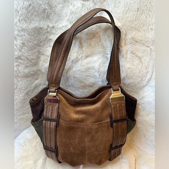 Tignanello brown suede leather colorblock shoulder bag purse w magnetic snap.  H - Picture 1 of 12
